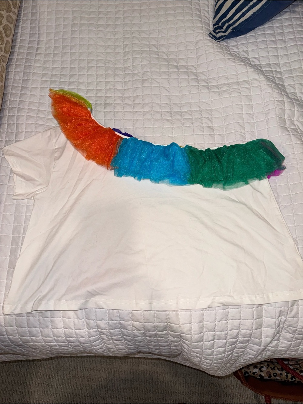 QUEEN OF SPARKLES White Short Sleeve Top with Rainbow Ruffle